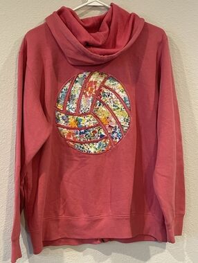 Volleyball Mom Pink Embroidered Floral Patchwork Graphic Full Zip Sweatshirt 2X
